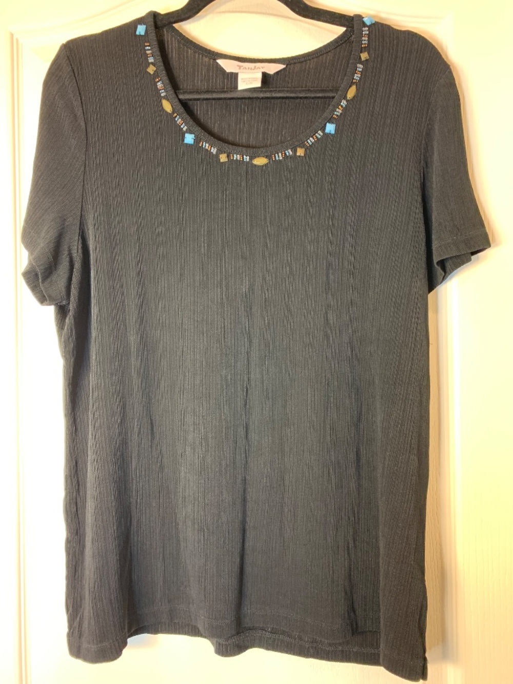 TanJay Black Ribbed Beaded Top Size Large Blue Bronze Embellished‎ Stretch Tee